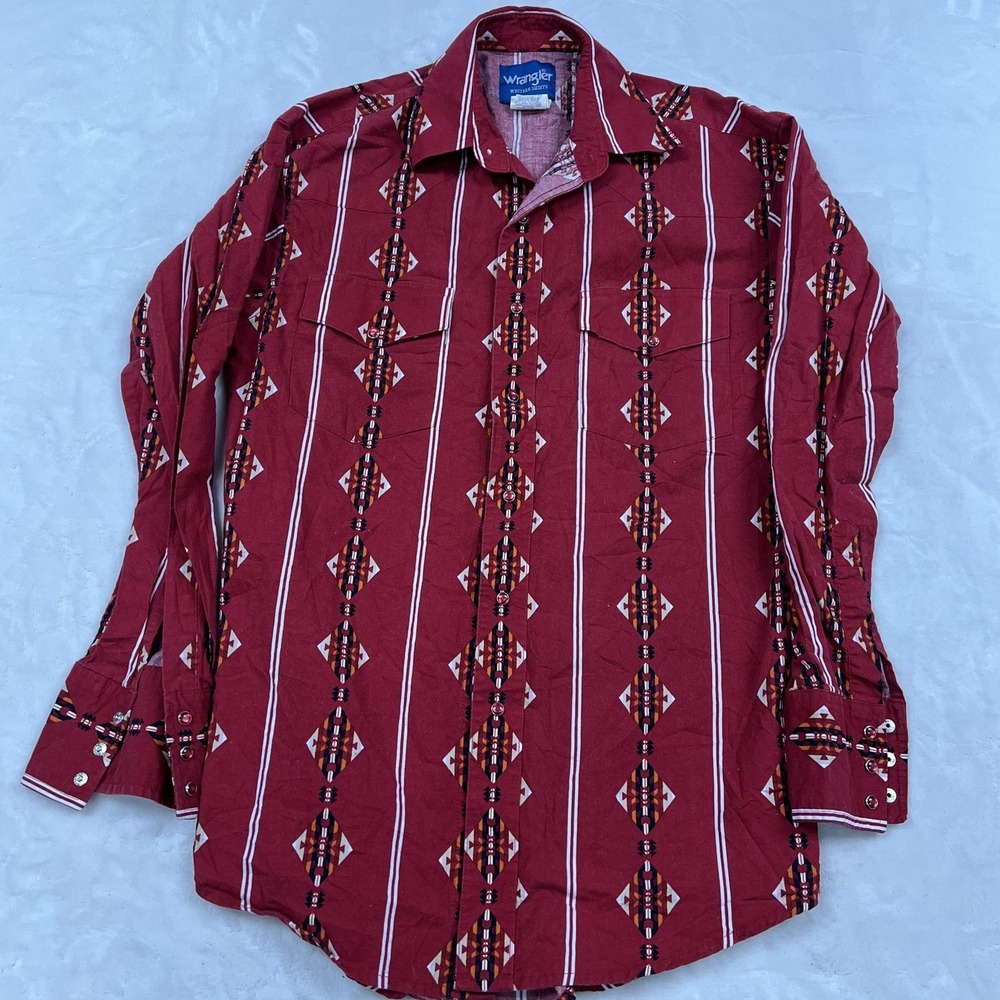 Wrangler Western Shirt Mens Small Red Aztec Geometric Pearl Snap MC1118A